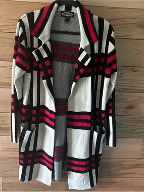 Oliver O  Black, White & Red Plaid Open-Front Cardicoat